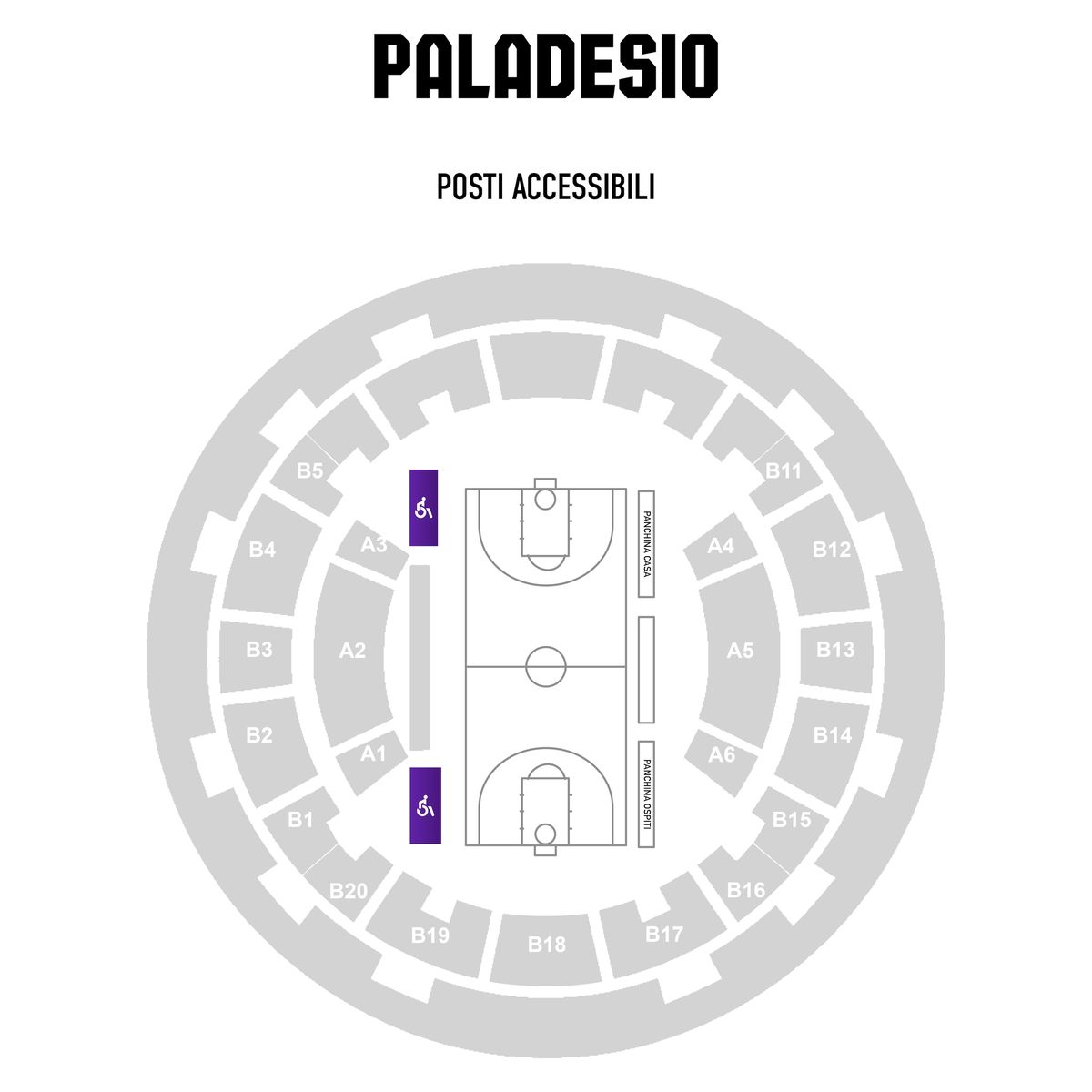 PalaDesio – posti accessibili Mappa del PalaDesio con i posti accessibili per persone con disabilità